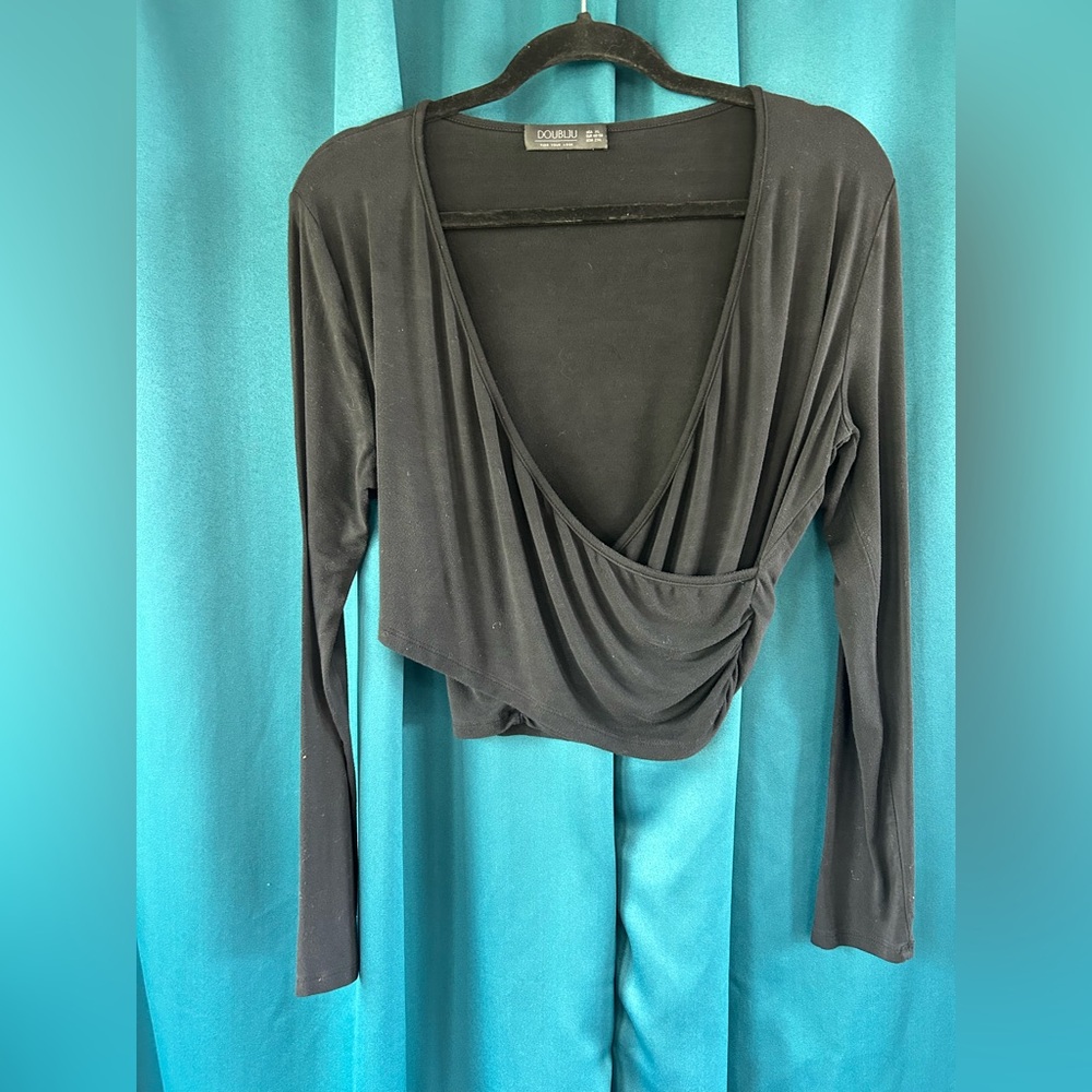 Black Long Sleeve Wrap Crop Blouse